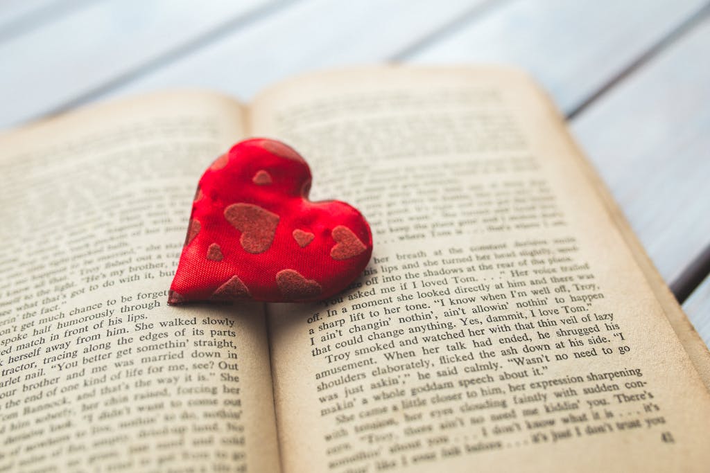 Red heart on a old opened book
